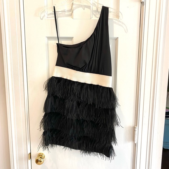 KARLIE Tuckernuck One Shoulder Tiered Black Feather Mini Dress Cocktail Party - Picture 9 of 12